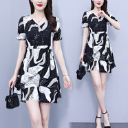 薇洛萱水墨印花顯瘦2025夏天季新款上衣+短褲二件套裝連衣裙子薄款8303 圖片色 L 建議98-115斤
