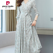 皮爾卡丹（pierre cardin）法式V領(lǐng)碎花長袖連衣裙女春秋2024新款氣質(zhì)顯瘦a字大擺長裙子 綠色 S 80-95斤