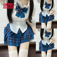 UKMRjk套裝百褶裙制服收腰襯衫女夏季森系修身襯衣上衣學(xué)院風(fēng)半身裙女 格子藍色+白襯衫+送領(lǐng)結【套裝】 M 【建議85-95斤】