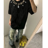 阿瑪瑟100%純棉小眾設(shè)計潮流美式領(lǐng)口哥特國潮男女夏季新款寬松短袖半袖 290克-黑 S 建議85-95斤