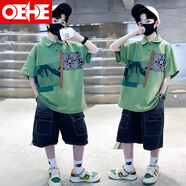 OEHE男童Polo衫夏季薄款中大童男孩短袖T恤兒童復古半袖上衣學生裝 綠色套裝 170 cm
