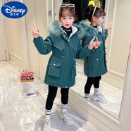 迪士尼（Disney）女童派克服冬季加厚外套小女孩連帽中大童時尚洋氣毛領(lǐng)中長款棉衣 孔雀藍 加絨大毛領(lǐng)派克服 120適合身高110-120cm年齡6-7周