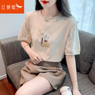 紅蜻蜓 圓領(lǐng)印花短袖t恤女2025年夏季新款百搭上衣時尚洋氣體恤小衫 杏色 L