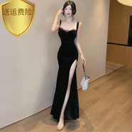 阿尤布蝶霓斯夜店女神范氣質(zhì)性感修身顯瘦絲絨吊帶高開(kāi)叉長(cháng)裙連衣裙拖尾 黑色 【9437款】 L (105-115斤)