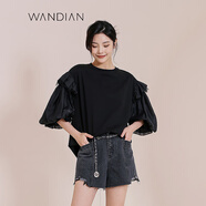 WANDIAN婉甸黑色拼接短袖T恤夏季新品睫毛蕾絲拼接泡泡袖小衫1232T08RS1 黑色 M