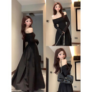 天啟世紀黑色一字肩連衣裙秋冬季女長(cháng)裙子生日禮服party穿搭高級感小個(gè)子 黑色一字肩長(cháng)裙【長(cháng)袖】. S