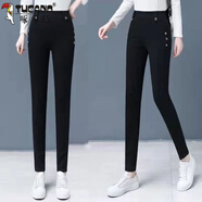 啄木鳥(niǎo)加絨加厚牛仔褲女冬季大尺碼小腳褲松緊腰顯瘦緊身鉛筆褲胖m妹長(cháng) 黑色 27