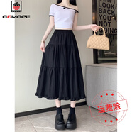 AEMAPE黑色半身長2025夏季新款法式a字傘小個(gè)子花邊荷葉邊蛋糕休閑甜美 黑色 M
