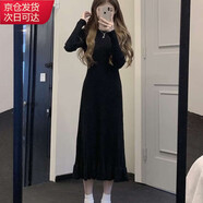 確彤【冬季加厚】松本春秋新款修身顯瘦高級感長(cháng)袖中長(cháng)款針織連衣裙女 黑色 均碼