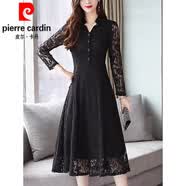 皮爾卡丹（pierre cardin）蕾絲連衣裙女士秋裝2024新款氣質長袖打底裙子針織 黑色 L 【100-115斤】
