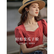 茵曼（INMAN）百搭法式褶皺方領(lǐng)短袖T恤2025夏季新款女裝修身顯瘦襯衫上衣 復古紅 M