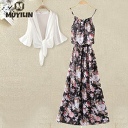 沐依琳連衣裙2025夏季新款雪紡沙灘裙寬松長(cháng)裙波西米亞碎花吊帶裙 黑色+防曬衣 L