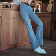 Semir[森柔牛仔]森馬牛仔褲女高腰長褲顯腿長秋顯瘦拼接喇叭褲 牛仔中藍(lán)88201 29