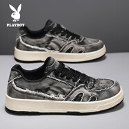 花花公子男鞋秋新款休閑鞋板鞋男韓版運動(dòng)鞋潮流百搭休閑透氣布鞋子男5000 PL2419031水洗黑 42