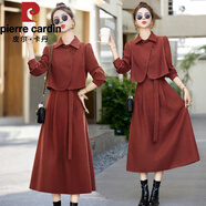 皮爾卡丹（pierre cardin）襯衫裙春秋長(cháng)袖連衣裙2025新款女小個(gè)子馬甲套裝裙子兩件套 紅色 L