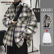 威登羊衣服男士小香風(fēng)炸街夾克男痞帥男裝一套裝秋季格子毛呢外套高級感 兩件套（白格子夾克+白色長(cháng)T恤） L