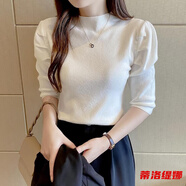 蒂洛緹娜春秋冬季新款中袖針織衫半高領(lǐng)打底衫女薄款修身毛衣女泡泡袖上衣 白色 M