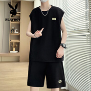 花花公子（PLAYBOY）休閑背心套裝男冰絲速干無袖t恤男士夏季華夫格跑步運(yùn)動(dòng)短袖短褲 TZ8822黑色 (上衣+短褲) L 建議體重110-130斤