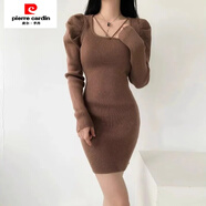 皮爾卡丹（pierre cardin）2024新款方領(lǐng)針織連衣裙女秋冬季小個(gè)子修身泡泡袖毛衣裙包臀短裙 咖色 M 100-110斤