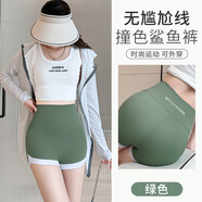 圣紡源安全褲女外穿高腰緊身收腹三分高彈力防走光拼色鯊魚(yú)打底短褲 綠色拼接瑜伽運動(dòng)褲 M 80-100斤
