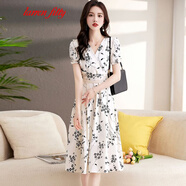 larren fitty輕奢品牌 碎花雪紡連衣裙女2024夏季新款氣質(zhì)遮肚子小個(gè)子a字裙 白色 L 建議105-115斤