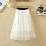 新款春秋網(wǎng)紗小碎花蕾絲半身裙繡花百褶裙顯瘦紗裙中長(cháng)款女潮 白色80厘米 M建議80-100斤