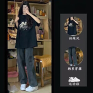 MZPLOI新款初中學(xué)生13夏季14-1少女12大童15套裝女短袖套裝百搭闊腿褲 黑色+黑灰色牛仔褲 S