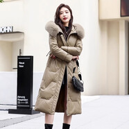 毅珊海寧真皮羽絨服女中長(cháng)款2024冬裝新款綿羊皮加厚狐貍毛領(lǐng)皮衣外套 卡其綠【狐貍毛領(lǐng)】 XL