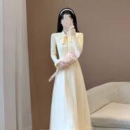 惺忪燃見家長(zhǎng)衣服女冬季淑女風(fēng)穿搭溫婉連衣裙氣質(zhì)溫柔甜美針織網(wǎng)紗裙子 杏色 L 建議110-125斤