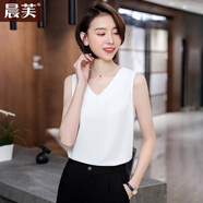 晨芙白色雪紡T恤小吊帶背心女打底衫馬甲外穿V領(lǐng)無(wú)袖緞面大尺碼小背心夏坎肩職業(yè)裝內(nèi)搭網(wǎng)紅款上衣遮肚子 白色V領(lǐng)背心 XL碼（建議110-120斤）