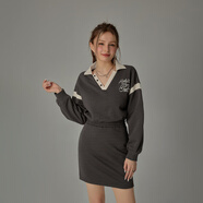 CHUU字母刺繡翻領(lǐng)連衣裙女2025秋季新款韓版松緊腰撞色長(cháng)袖短裙子 深灰 均碼