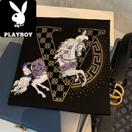 花花公子（PLAYBOY）高端歐貨冰絲棉短袖男輕奢戰馬T體恤衫輕薄款圓領(lǐng)燙鉆打底衫 YCS015黑色 XL 135-150斤