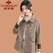 俞兆林（YUZHAOLIN）中老年女春秋裝短款格子外套洋氣新款中年媽媽秋裝休閑毛呢子上衣 咖格 XL (參考90-105斤)