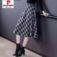 皮爾卡丹（pierre cardin）秋冬韓版中長(cháng)款毛呢格子半身裙女氣質(zhì)顯瘦呢子大擺A字裙 藍色 M