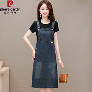 皮爾卡丹（pierre cardin）品牌假兩件連衣裙女夏季2025新款中年時尚拼接顯瘦牛仔背帶裙短袖 藍色 XL(建議115-125斤)