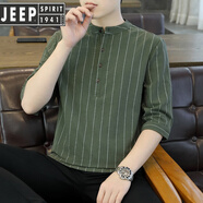 吉普（JEEP）2025棉麻七分袖t恤男夏季純棉條紋短袖五分袖純色潮ins 8899軍綠色 L 105-120斤