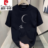皮爾卡丹（pierre cardin）男士美式潮流短袖T恤設計感印花圓領(lǐng)上衣半天體恤衫 黑色【K944 宇航員月亮】男款/男 S 建議90-100斤