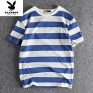 花花公子（PLAYBOY）夏季?；旰?jiǎn)約潮流條紋棉質(zhì)短袖男t恤撞色圓領(lǐng)休閑半袖體恤衫 彩藍白 2XL