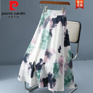皮爾卡丹（pierre cardin）油畫風(fēng)A字裙子夏天2025新款女垂感過膝中長裙高腰碎花雪紡半身裙 黑綠色 XL