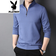 花花公子（PLAYBOY）男士長(cháng)袖t恤春秋立領(lǐng)拉鏈打底衫衛衣休閑棉大碼polo半袖衫 99637蘭色 L 170建議120-140斤