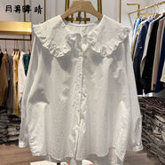 月半晴（YUEBANQING）娃娃領(lǐng)長(zhǎng)袖襯衫女2025春秋新款寬松百搭舒適荷葉邊法式洋氣襯衣 奶白色 M _95-110斤