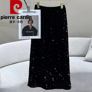 皮爾卡丹（pierre cardin）【有內襯】亮片半身裙高腰包臀裙子時(shí)尚中長(cháng)款顯瘦洋氣a字裙 黑色 L 【110-120斤】