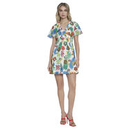 Donna Morgan花卉印花迷你夏季 V 領(lǐng) A 字休閑蝴蝶袖 女式沙灘裙 象牙白 / 泳池藍 0