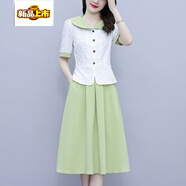 初徑大碼女裝過(guò)膝兩件套裝裙夏新款胖MM氣質(zhì)顯瘦減齡洋 淺綠色 M (建議90-100斤)