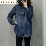 FR.YH.ZH常熟加絨牛仔襯衫女秋冬寬松設(shè)計(jì)感疊穿上衣休閑加厚襯衣外套 藍(lán)色加絨款【 現(xiàn)貨】(加絨款)、7 XL 130-145斤