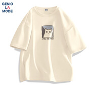 GENIOLAMODEt恤男純棉透氣夏季休閑時(shí)尚簡(jiǎn)約印花百搭短袖男生衣服 淺米 S