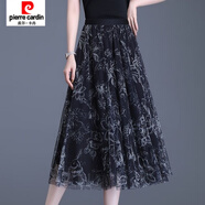 皮爾卡丹（pierre cardin）網(wǎng)紗半身裙女夏季新款松緊高腰花色蕾絲裙中長(zhǎng)款大擺顯瘦a字傘裙 黑色 建議105斤以下 M