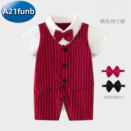 A 21 FUNB1周歲禮服男寶寶英倫風(fēng)秋冬季紅色小西裝高端1嬰兒百天宴生日套裝 紅色連體衣假兩件【夏款】 80 建議9-12月（15-20斤左右）