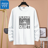 真維斯（Jeanswest）四季款男士長(cháng)袖T恤學(xué)生寬松透氣打底衫潮流正面櫻花款長(cháng)袖T恤男 白色（貓看魚(yú)） 5XL (推薦190-210斤)