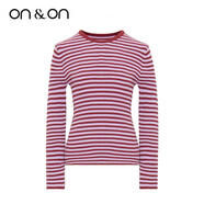 ON&ON/安乃安打底衫2025春季時(shí)尚簡(jiǎn)約修身圓領(lǐng)條紋彈力女裝針織衫上衣 酒紅色 S
